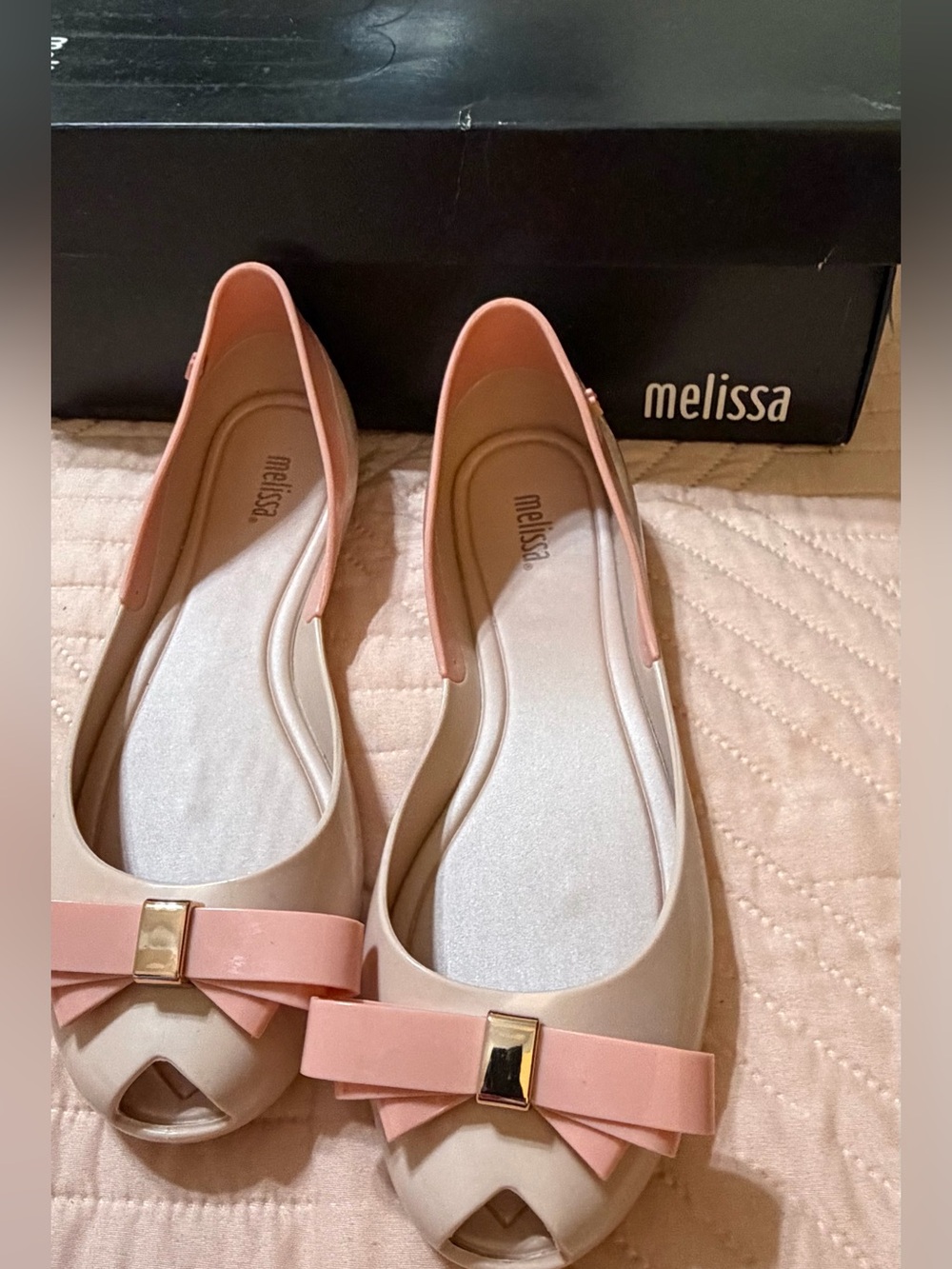Melissa Pink and Cream Bow Peep-Toe Flats